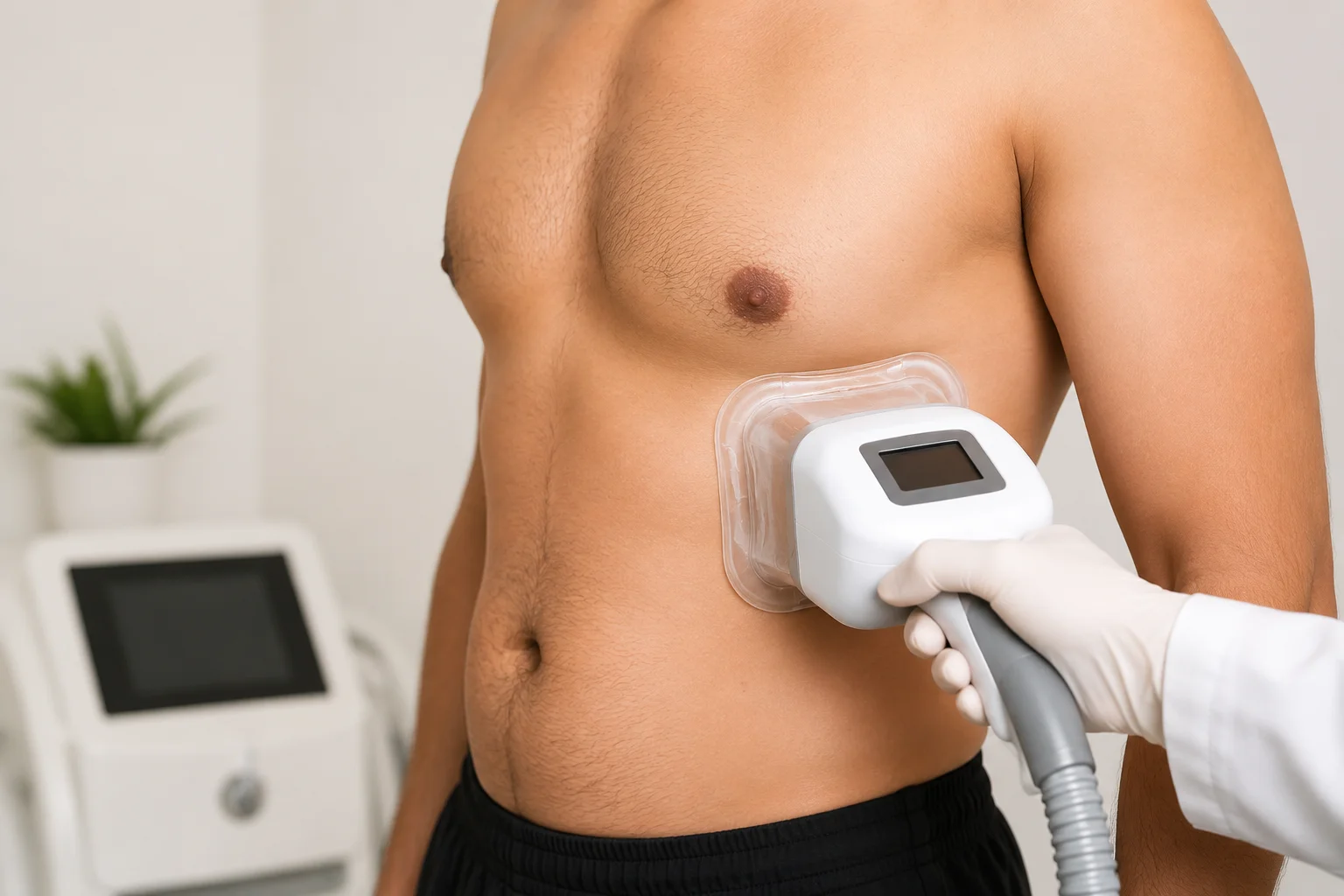 A man receiving a fat freezing treament